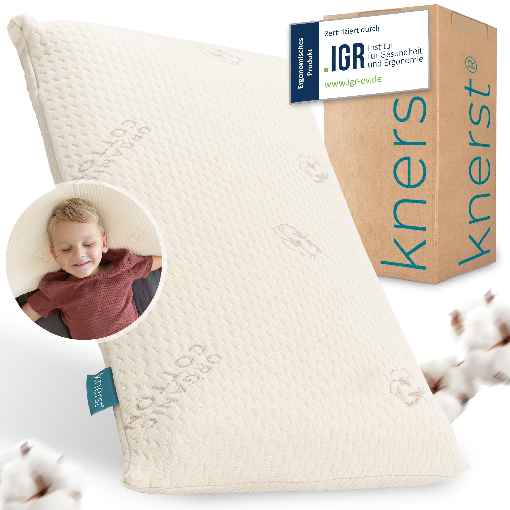 KNERST® Kinderkopfkissen - Ergonomisches Kissen Kinderzimmer mit Memory-Schaum - Kissen 40x60x6 cm ideal als Kinderkissen