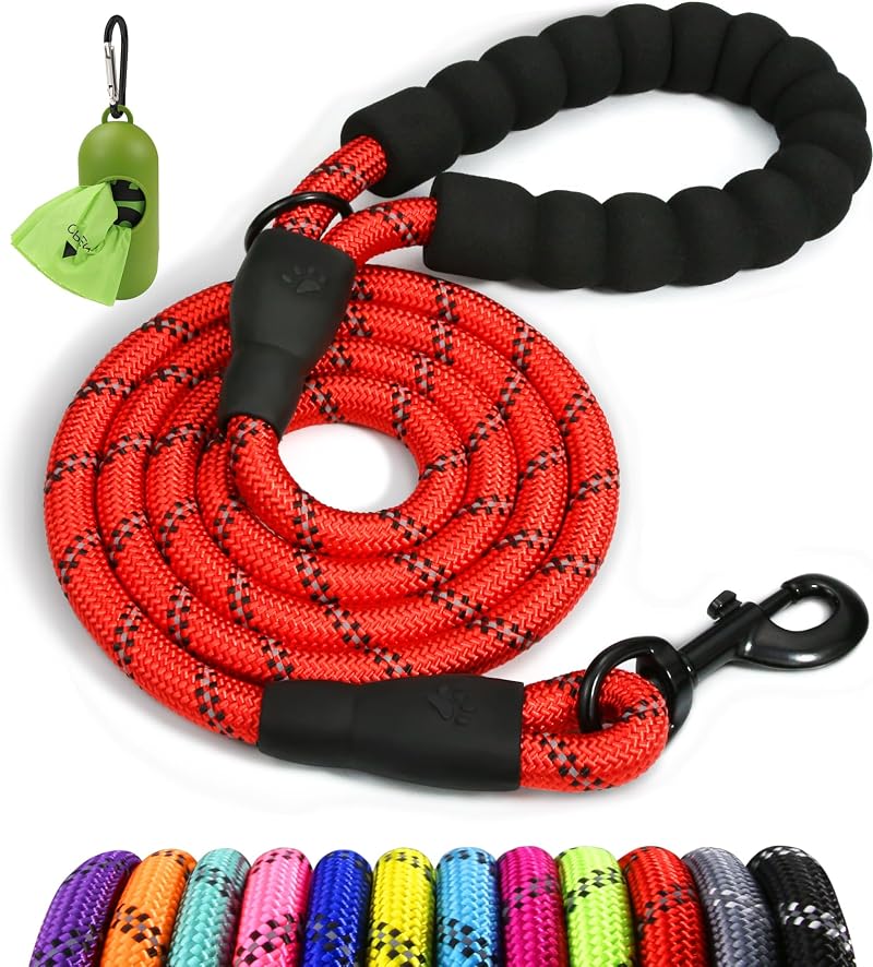 Taglory Rope Dog Lead 1.0 cm, Padded Handle, Reflective, Small Dogs, Red