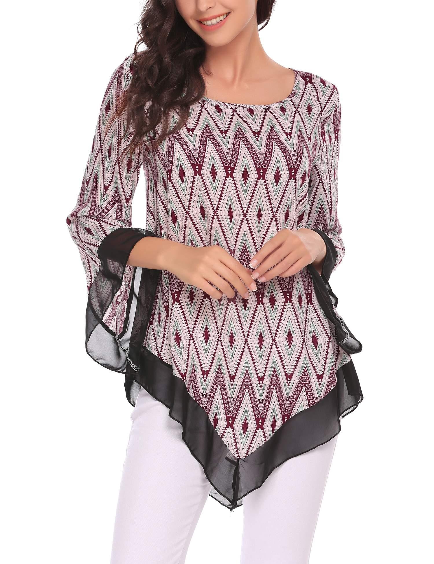 Zeagoo Women\'s Floral Printed Long Bell Sleeve Casual Flare Tunic for Leggings Loose Tops Blouse Wine Red/M