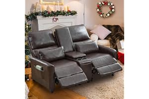 SENIFIS Loveseat Recliner Sofa, Push Back Double Wall Hugger Reclining Sofa Chair with Console, 2 Seat Leather Home Theater Seating with Cup Holder, Manual Comfy RV Furniture Sofa for Living Room, Red Brown
