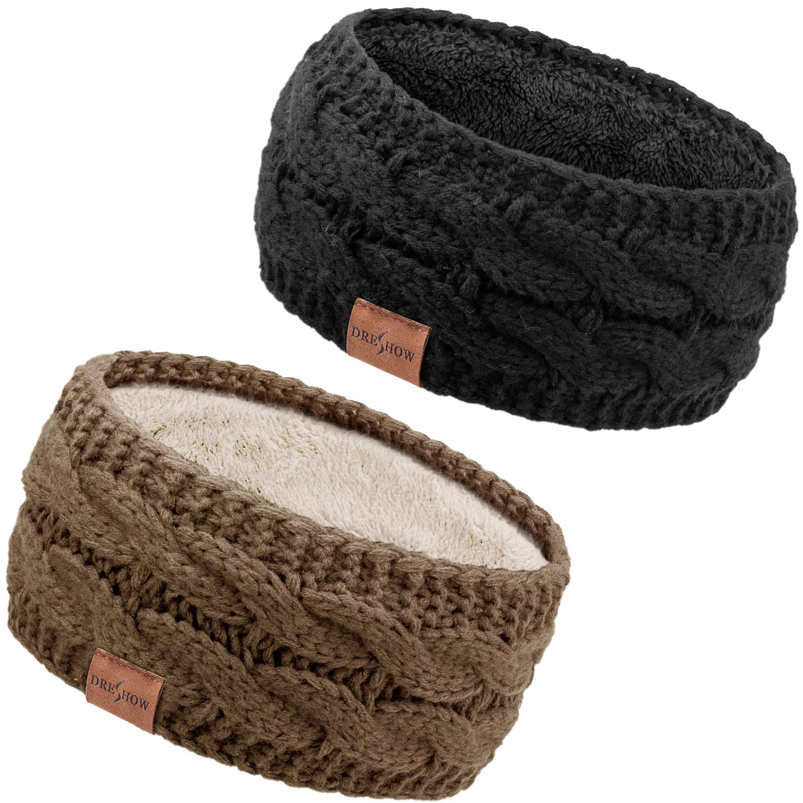 DRESHOW Women Warm Knitted Headband Cold Winter Ear Warmer Elastic Crochet Head Wraps Thick Fleece Lining Hair Bands