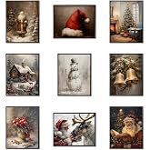 Vintage Christmas Canvas Wall Art Set of 9, Santa Claus Xmas Tree Snow Scene Prints Posters, Winter Holiday Artwork for Living Room Gallery Wall Decor, Christmas Aesthetic Home Decor 8x10 inch Unframed