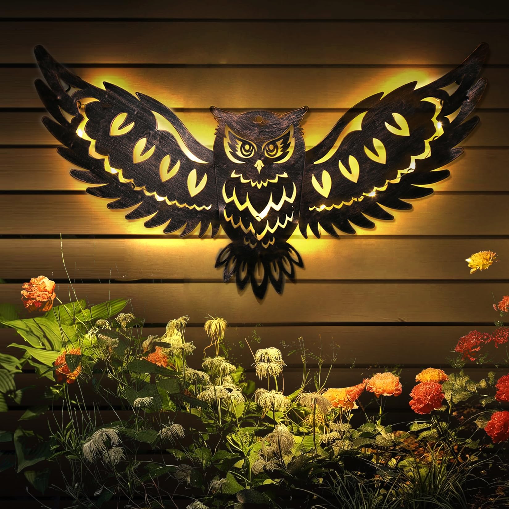 Photo 1 of DIINOR Solar Outdoor Wall Decor Lights Owl Hanging Wall Light Outdoor Metal Solar Garden Lights Porch Patio Yard Decorative Large 23.62inch Warm White