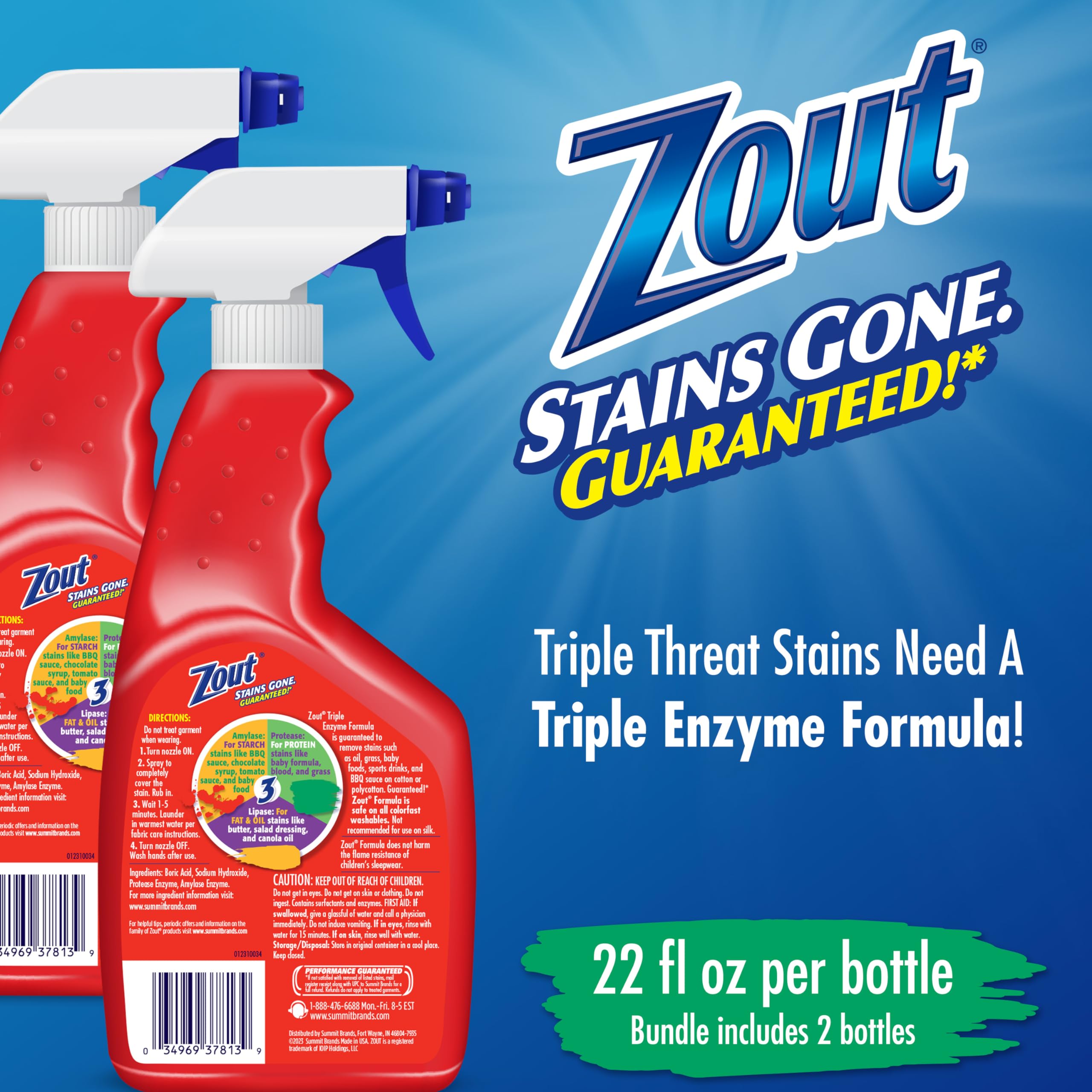 Zout Laundry Stain Remover Spray, Triple Enzyme Formula Removes the Toughest Stains, Made in the USA, 22 Ounce Bottles, 2-Pack