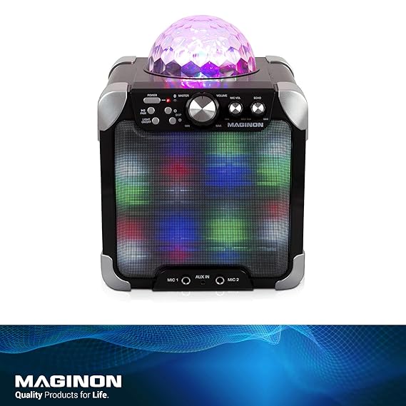 Maginon Party Speaker PS-15 E, Bluetooth Party-Lautsprechersystem und Karaoke Center mit Partylichtkuppel, Front LED-Licht un