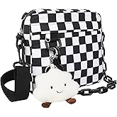ReignSword Small Crossbody Messenger Bag for Women Men, Cute Nylon Shoulder Purse Bag with Detachable White Cloud Pendant, Checkered