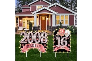 PUYRUIV 2Pcs Rose Gold 16th Birthday Yard Sign Decoration with String Lights for Girls, Happy 16 Birthday Made in 2008 Lawn Sign Party Supplies, 16 Year Old Birthday with Lights Yard Decor with Stakes
