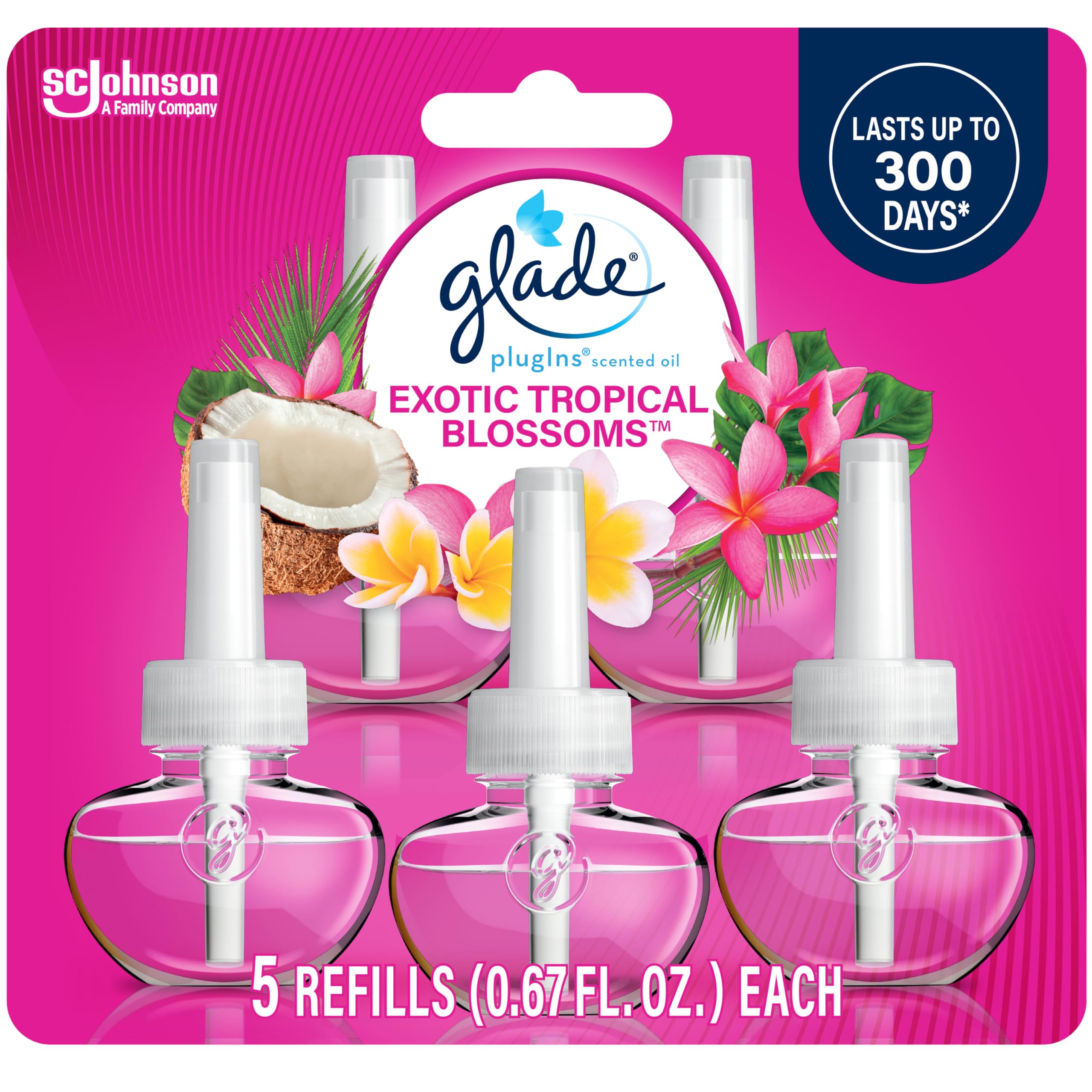 Photo 1 of Glade PlugIns Refills Air Freshener, Scented and Essential Oils for Home and Bathroom, Exotic Tropical Blossoms, 3.35 Fl Oz, 5 Count