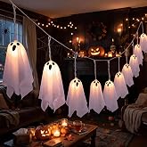 CUADRNX Halloween Ghost String Lights, Cute White Ghost LED Hanging Lights, Battery Operated Halloween Decorations for Indoor Fireplace Mantel Window Party Home Decor