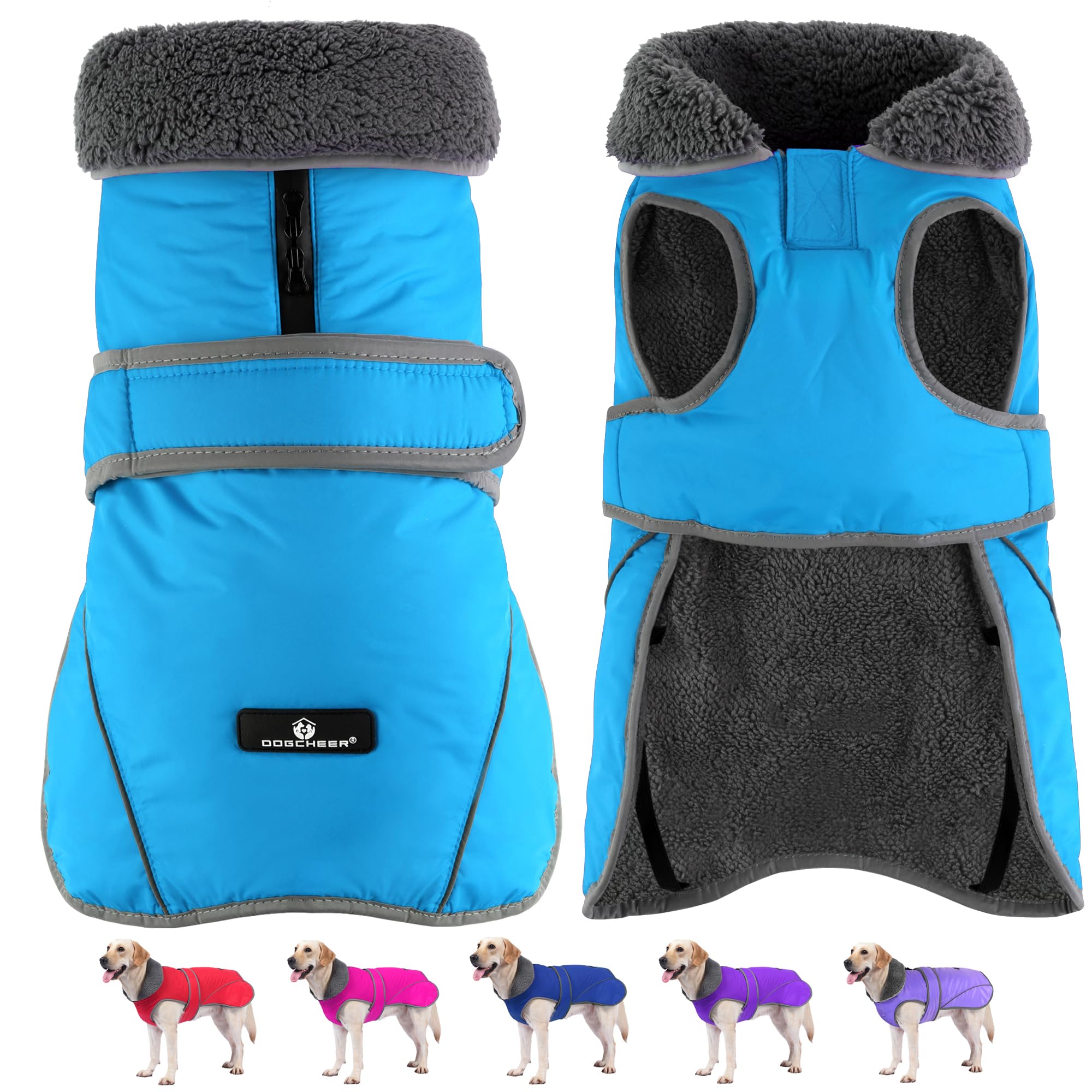 Dogcheer Dog Coat, Waterproof Dog Jacket Reflective Pet Winter Coat with Adjustable Hook & Loop, Christmas Puppy Fleece Jacket Warm Turtleneck Snowsuit for Small Medium Large Dogs - Sky Blue, 2XL Image