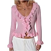 OYOANGLE Women's Ruffle Cropped Sweater Y2K Lightweight Button Up V Neck Coquette Sweaters