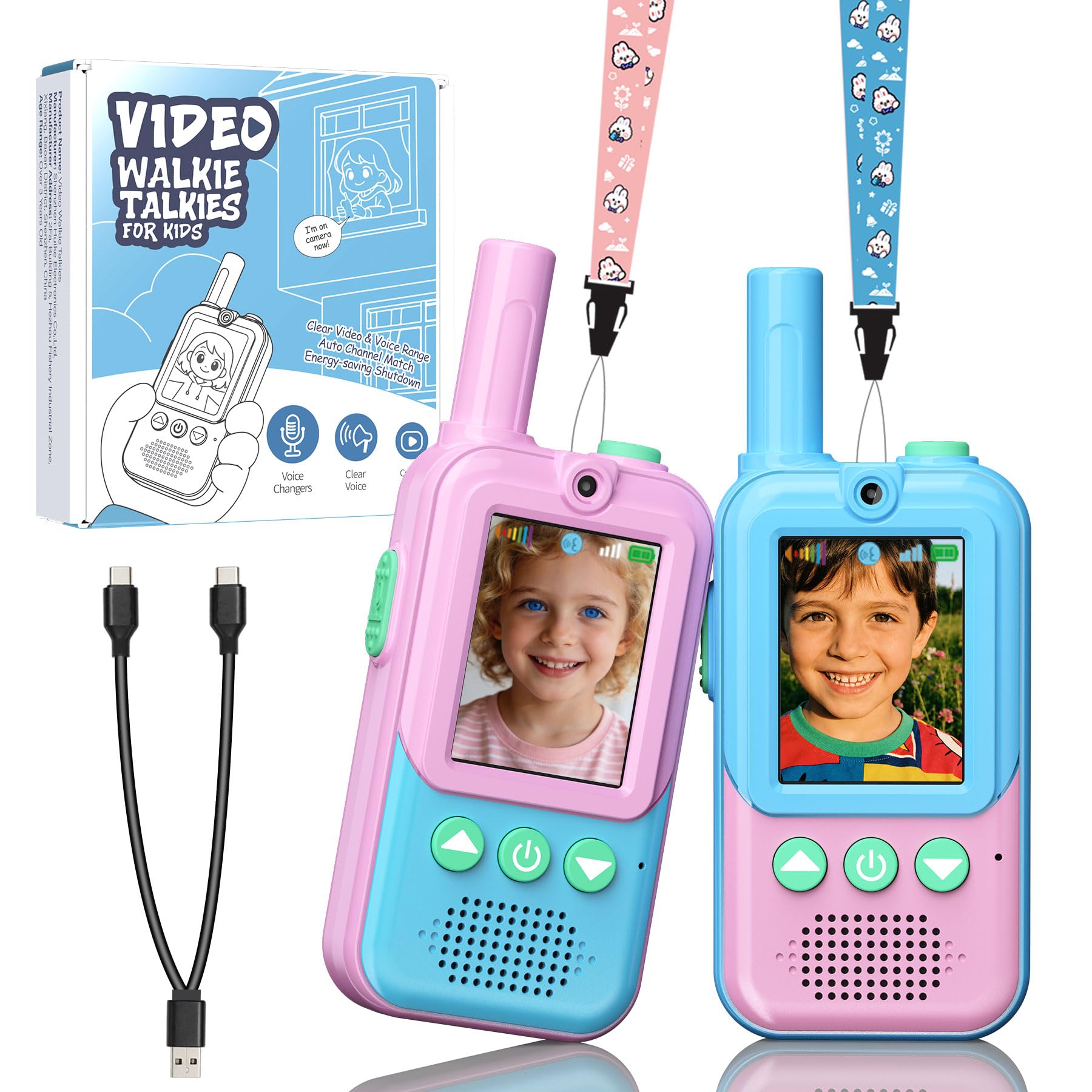 Video Walkie Talkies for Kids 2 Pack,Outdoor Toys Gifts for 3-12 Year Old Boys Girls,Rechargeable Kids Walkie Talkies with Screen Display&4 Funny Voice Changer for Adventure Games Camping(Blue Pink)