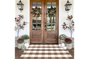 CAINANEL Fall Ourdoor Rug Farmhouse Brown and White Buffalo Check Rug Layered Welcome Door Mat for Front Porch Decor, Front Door, Farmhouse Decor(35.4''x59'', Coffee and White)