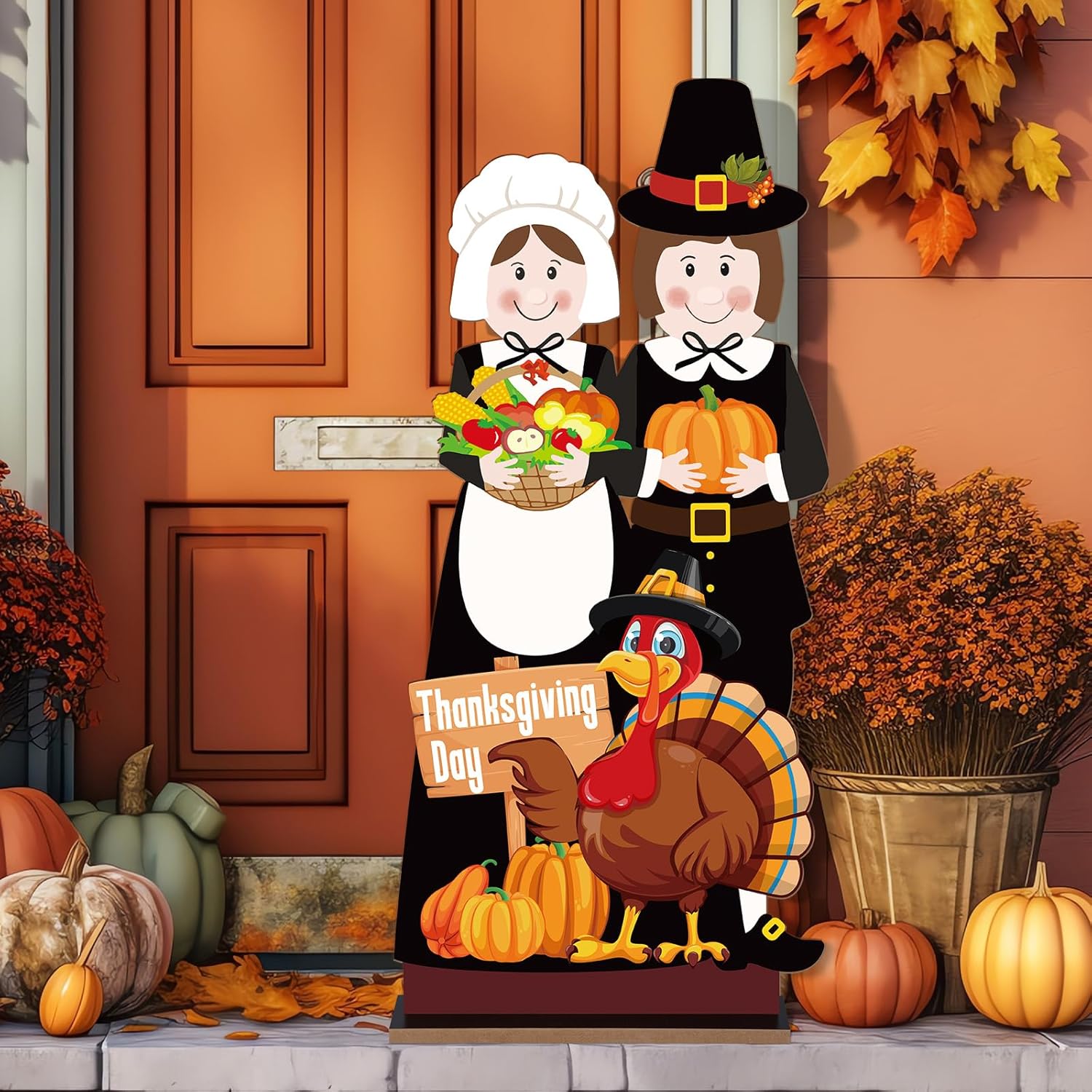Yard Signs - Soaoo 32 Inch Thanksgiving Porch Sign Pilgrim Standing Decor Pilgrim Boy and Girl Thanksgiving Yard Signs Wooden Pumpkin Turkey Pilgrim Decor for Harvest Fall Autumn Party Outdoor Decoration