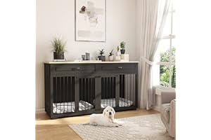 DAWNSPACES Dog Crate Furniture, 72 Inch Heavy Duty Wooden Large Dog Kennel with Drawers & Divider, Indoor Furniture Style Dog Crate with Double Rooms for Large Medium Small Dogs, Black