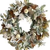 TEMPUS Artificial 20 inch Fall Maple Leaves Wreath,White Berry with White Pumpkin Wreath for Front Door Harvest Festival Wind