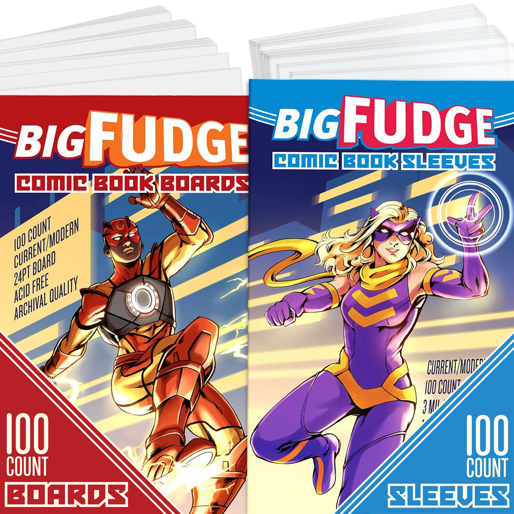 BIG FUDGE 100 Comic Book Bags and 100 Backing Boards - 7.25” x 10.5" Acid Free Crystal Clear Sleeves - 6.87” x 10.5” Backing Boards - for 1990's & Current Comics