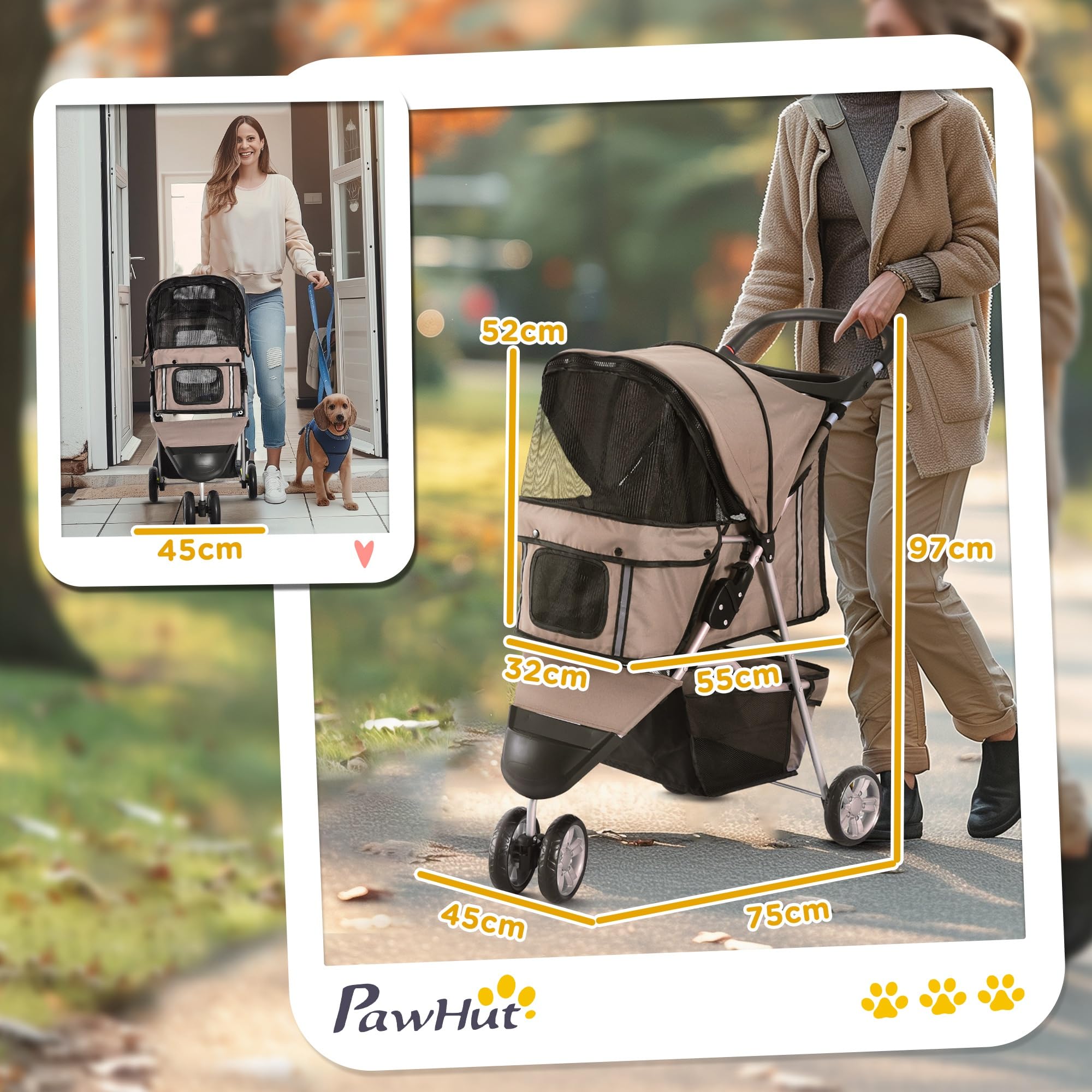 PawHut Hundewagen Hundebuggy Buggy Hunde Katzen Pet Stroller Hunde Buggy Kaffeebraun 3
