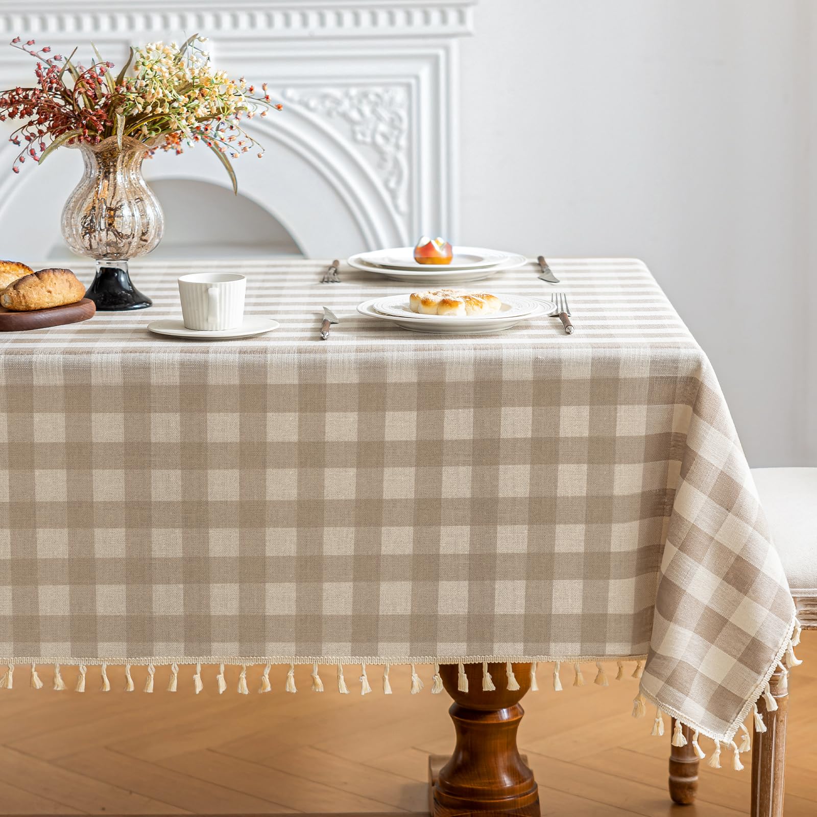 Photo 1 of NALVXIN Checkered Tablecloth Rectangle Cotton Linen Gingham Table Cloth with Tassel Washable Wrinkle Free Heavy Duty Buffalo Plaid Table Cover for Dining/Party/Picnic (Beige, 55" x 84" (Rectangular))