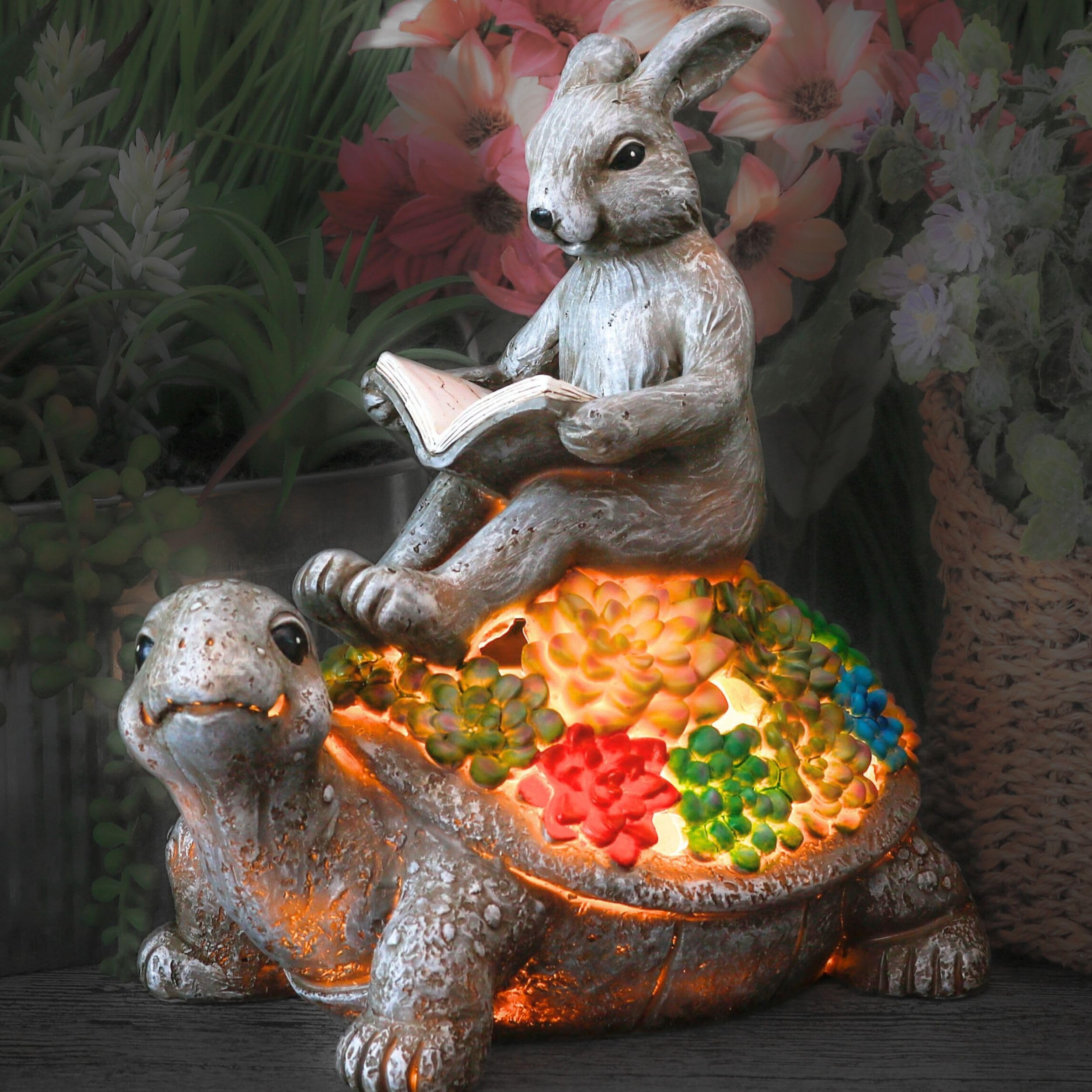 TERESA'S COLLECTIONS Garden Ornaments Outdoor, Rabbit Sitting on Tortoise with Solar Lights, Waterproof Resin Animal Ornaments, Rabiit and Tortoise Gfits, Indoor Outdoor 16CM