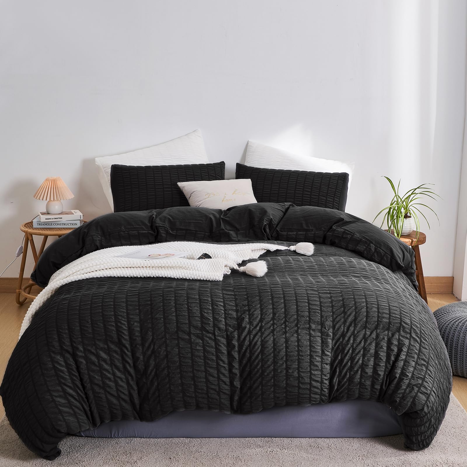 DuShow King Size Duvet Cover Set - Textured Black, Seersucker Pattern, Soft Breathable Bedding With Zipper, Includes 2 Pillowcases - 220×230cm