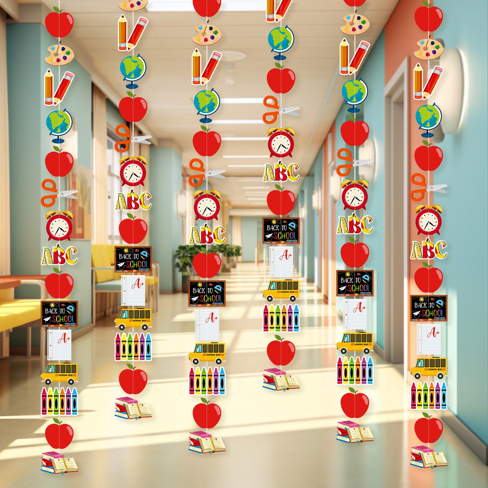 Photo 1 of Kolldenn 6 Pcs Back to School Garland Party Decorations No DIY 6.56 ft Pencil Bus Garland Apple Shape Banners First Day of School Hanging Decor for Classroom Office Yard Party Decorations