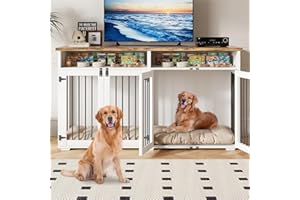 REVOMINCA 63'' Dog Crate Furniture for 2 Dogs, Wooden Dog Cage with Storage Compartment, Indoor Dog Kennel with 4 Doors for Large/Medium Dogs, White