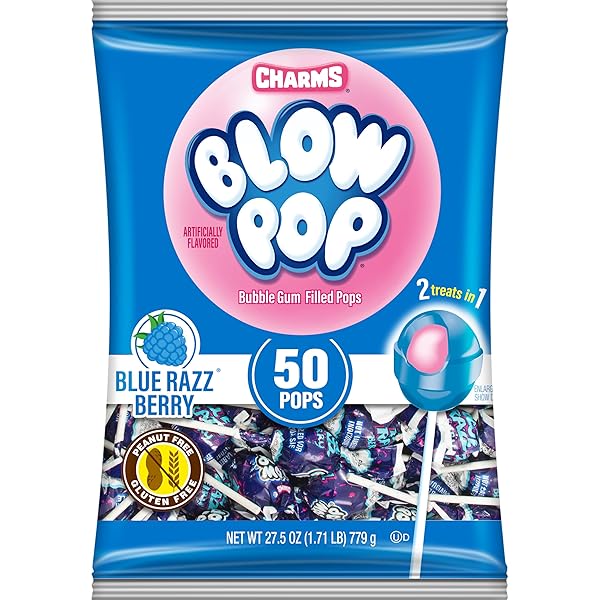 CHARMS BLOW POP SINGLE FLAVOR BAG – BLUE RASPBERRY FLAVORED LOLLIPOPS WITH A BUBBLE GUM CENTER – INDIVIDUALLY WRAPPED HARD CANDY – BLUE CANDY – PEANUT FREE, GLUTEN FREE, 50 COUNT (PACK OF 1)