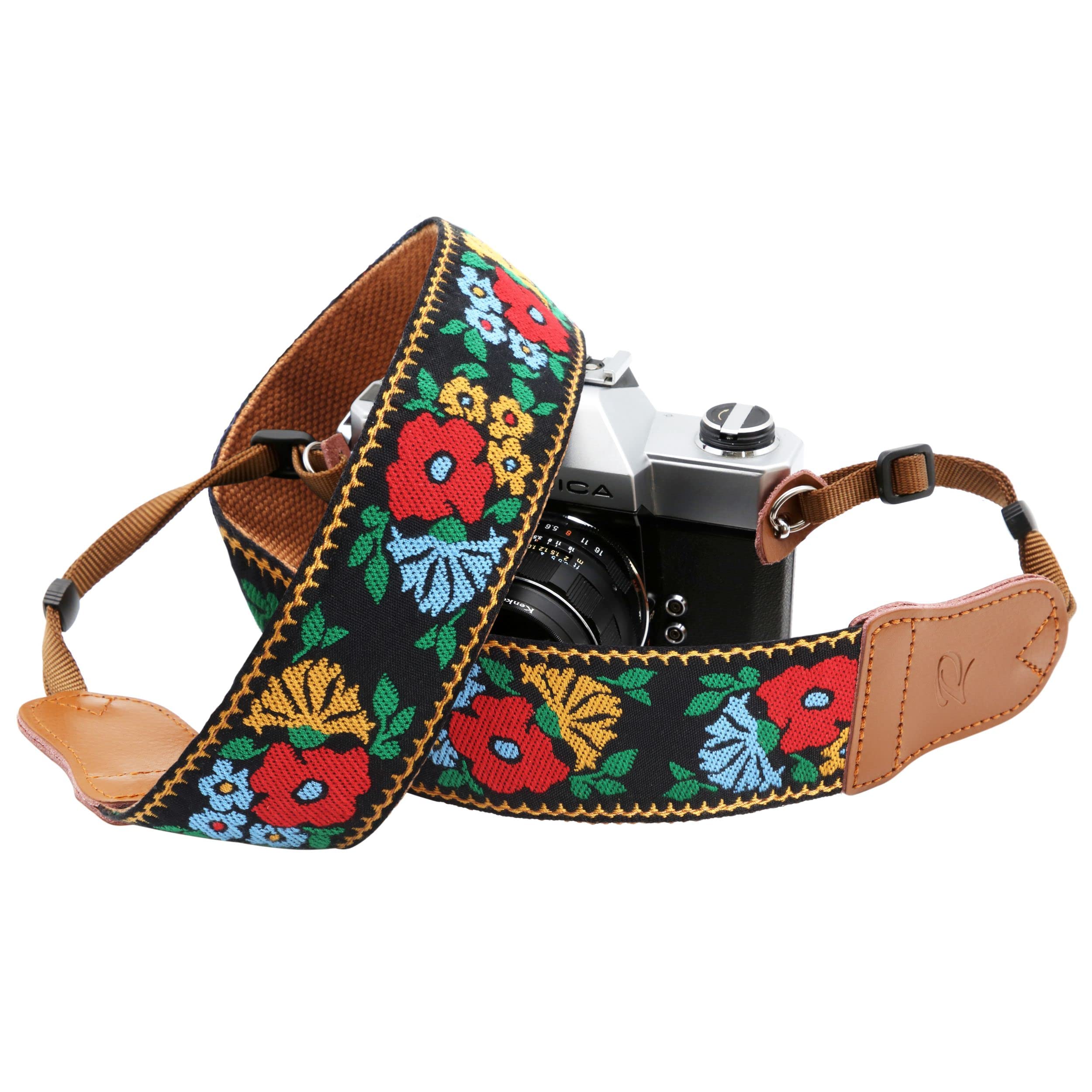 Padwa Lifestyle Camera Strap - 2" Wide Cowhide Head Cotton Camera Straps for Photographers,Vintage Universal Neck & Shoulder Camera Straps for All DSLR Cameras(Spring Flowers Embroidered)