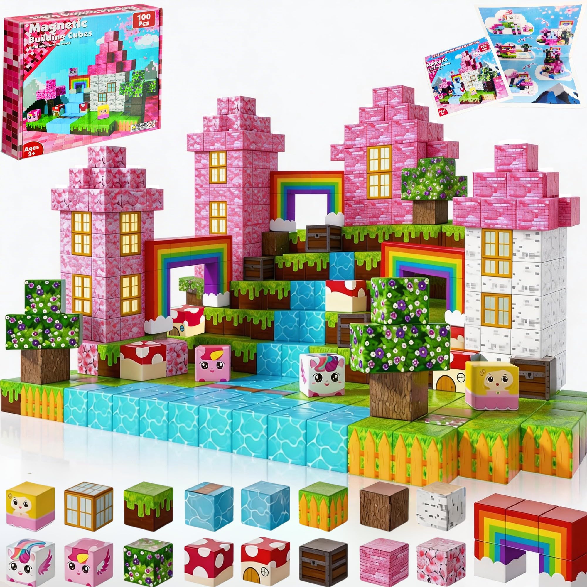 Lubibi 100PCS Unicorn Magnetic Blocks, Magnetic Building Blocks Tiles Cubes, Learning STEM Educational，Creative Blocks Kids Games，Stacking Sensory Toys for 3+ Kids Boys Girls Birthday Gifts