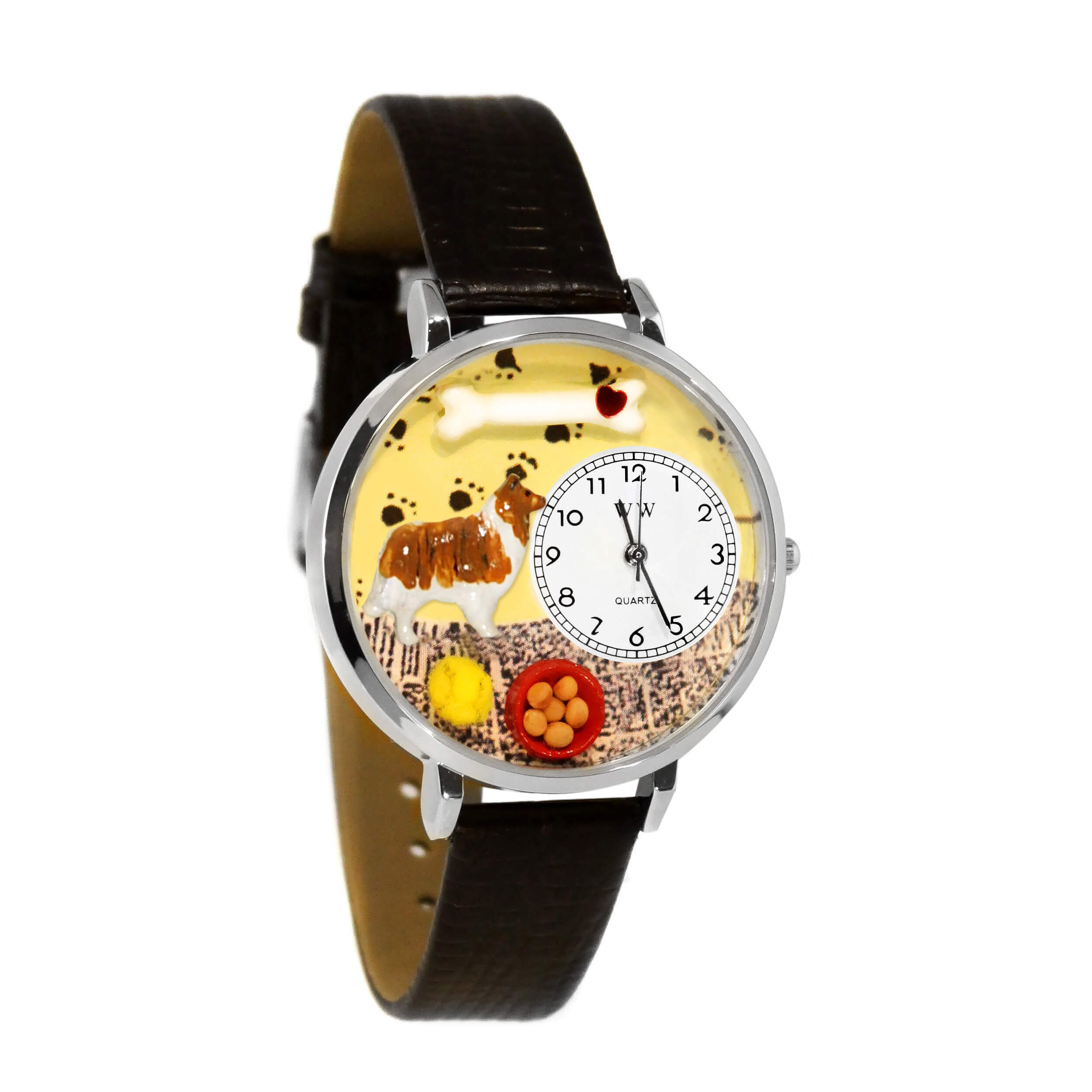 Whimsical Watches Collie Black Skin Leather and Silvertone Unisex Quartz Watch with White Dial Analogue Display and Multicolour Leather Strap U-0130004