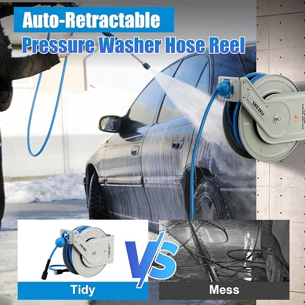 FIXFANS PRESSURE WASHER HOSE REEL WITH HOSE, 1/4″ × 60FT RETRACTABLE POWER WASHER HOSE REEL, HEAVY DUTY HOSE REEL AUTO REWIND, WALL MOUNTED, 3600 PSI