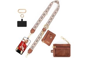 LOUXIFENG Clip and Go Strap for Phone with Wallet Crossbody for Women Cell Phone Lanyard for Phones Case Cross Body Phone String with Zipper Leather Pouch Patterned Straps Brown