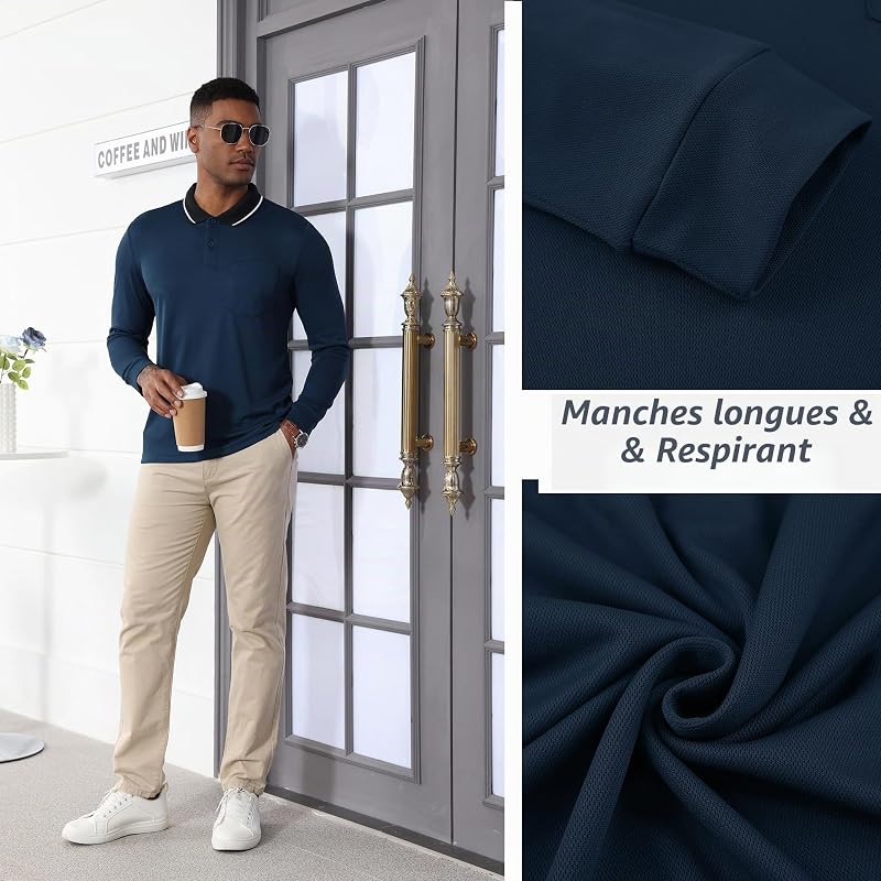 Polo pour Homme à Manches Longues Polo de Golf Travail avec Boutons Polos Chemise Respirants Décontractés T Shirts à Poche,Bleu Marine,M
