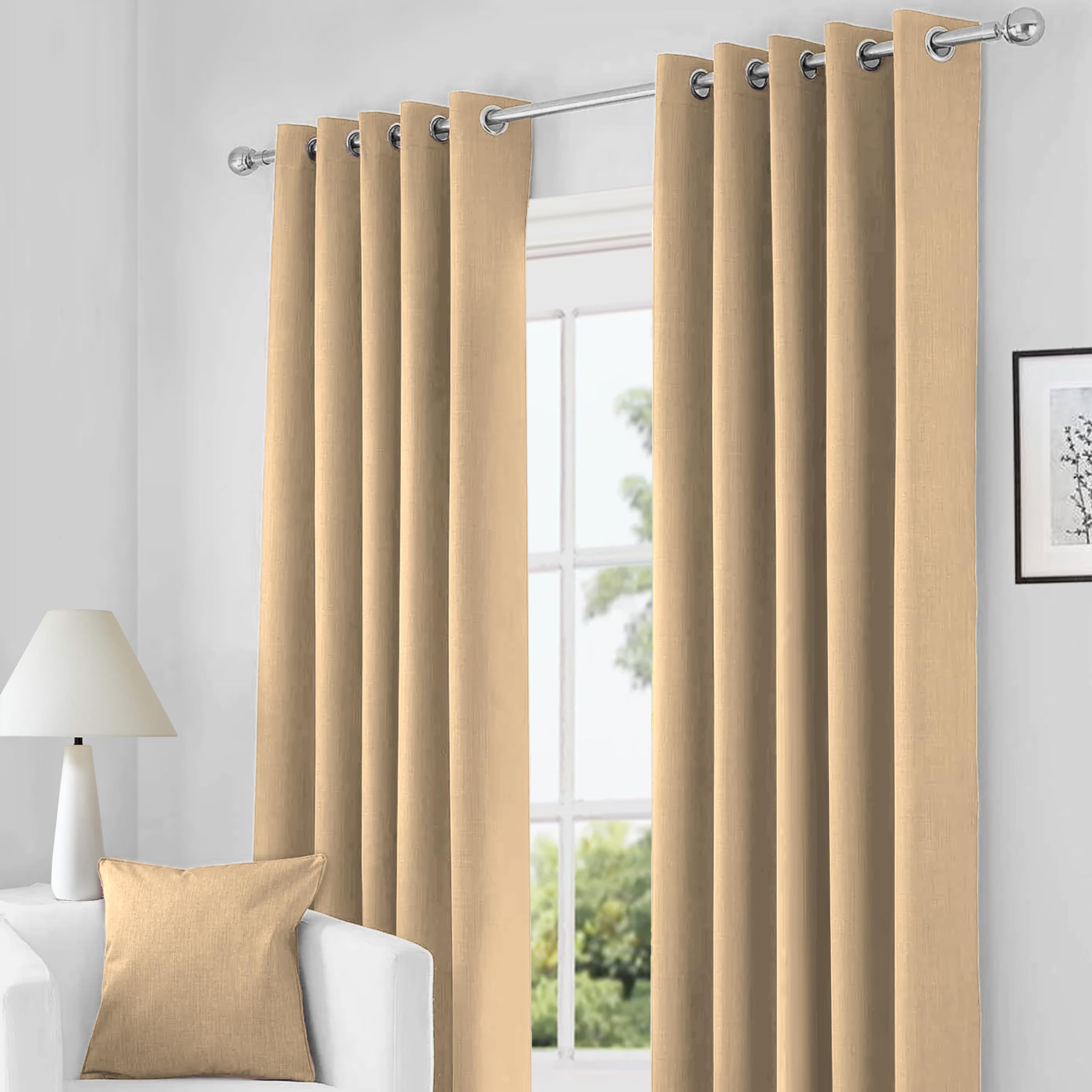 RayyanLinen Readymade Blackout Thermal Eyelet Ring Top Pair of Curtains Including 2 free Tiebacks (CREAM NATURAL BEIGE, Width 66" x Drop 90")