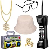 Sumind 6 Pcs Hip Hop Costume Kit 80s 90s Rapper Accessories for Men Women Inflatable Radio Box Necklace Ring Sunglasses Hat