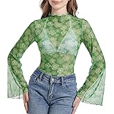Durio 70s Womens Bell Sleeve Top Floral Tops for Women Disco Outfit Mock Neck Tops Semi Sheer Mesh Long Sleeve Top