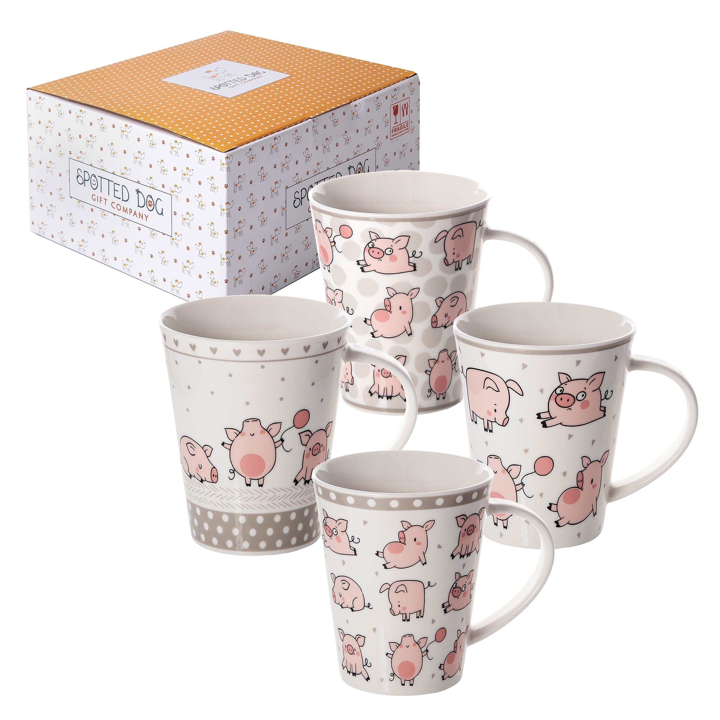 SPOTTED DOG GIFT COMPANY Pig Mugs Set of 4 – 360ml Ceramic China Coffee Mugs & Tea Cups | Funny & Cute Animal Themed Mug Gift Set | Gifts for Pig Lovers & Animal Lovers Women, Men & Kids