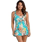 Maxine of Hollywood Women's Seam Front Swim Dress One Piece Swimsuit, Turquoise//Botanical Essence, 18