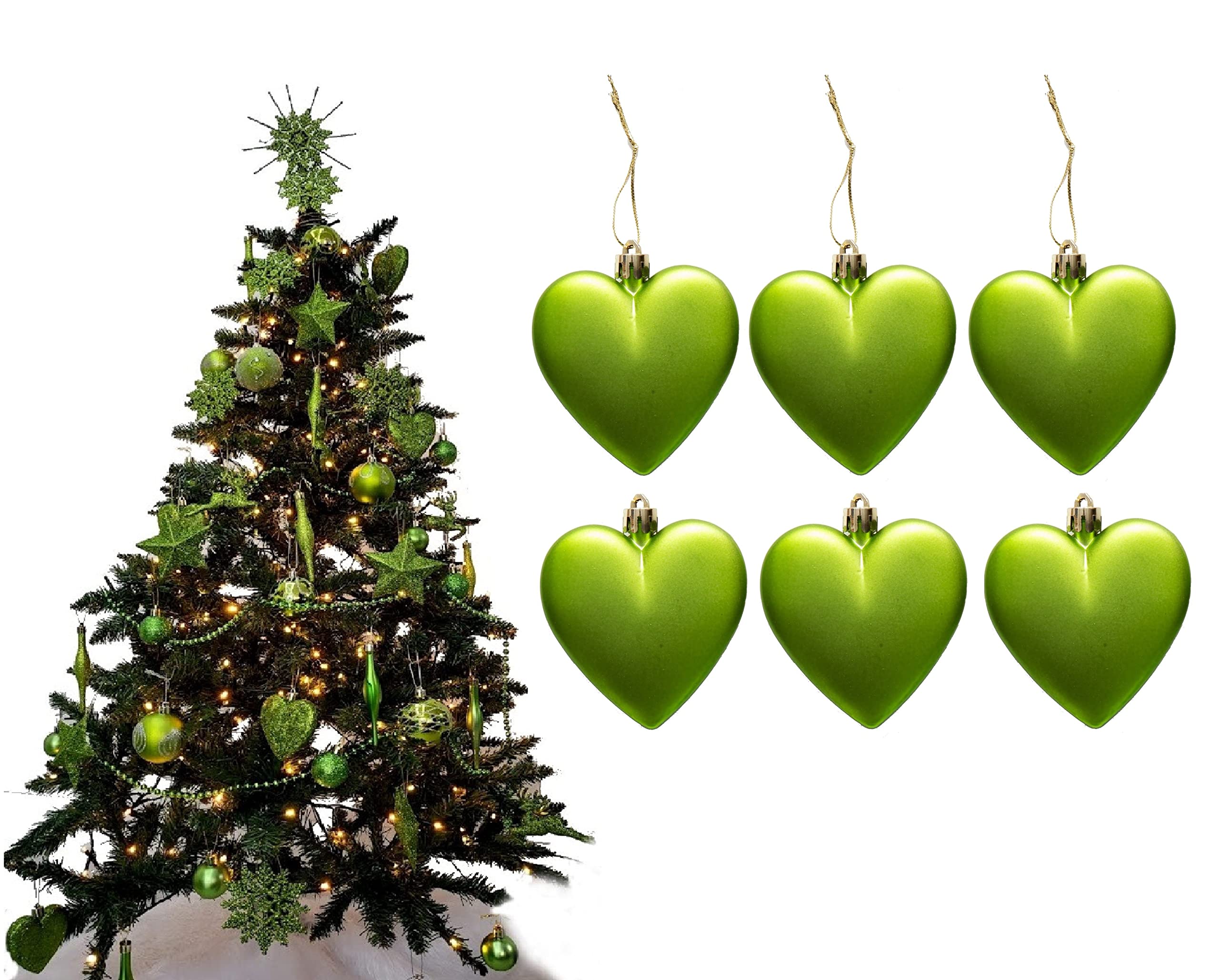 6pc Large Heart Xmas Baubles (Matte) - Great Christmas Tree Decorations, Heart Baubles (Lime)