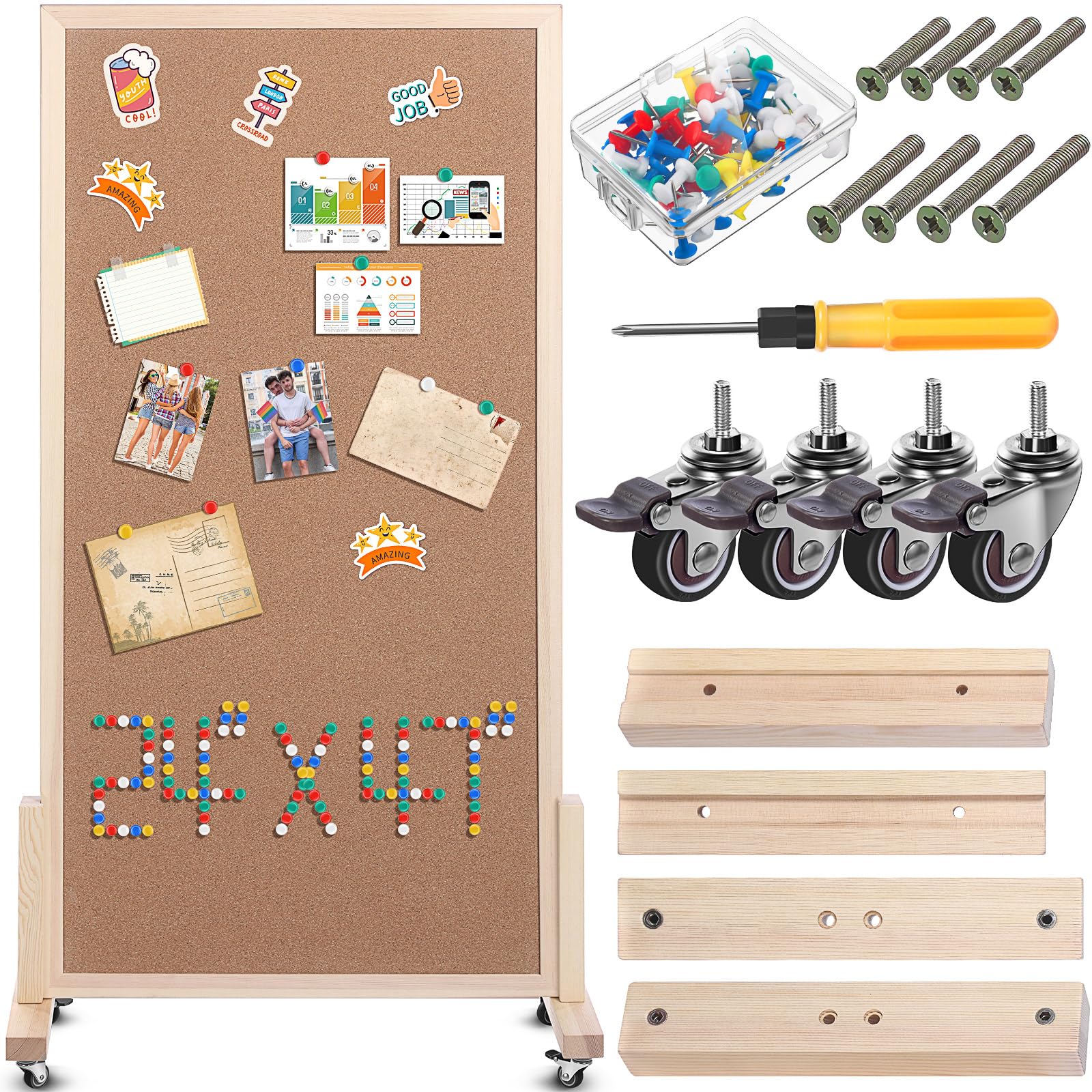 Photo 1 of Saypacck Double Sided Large Cork Board for Office with Wheel 24 x 47'' Reversible Mobile Cork Bulletin Board with Push Pin Decorative Display Board Portable Freestanding Corkboard for Home Photo Wall