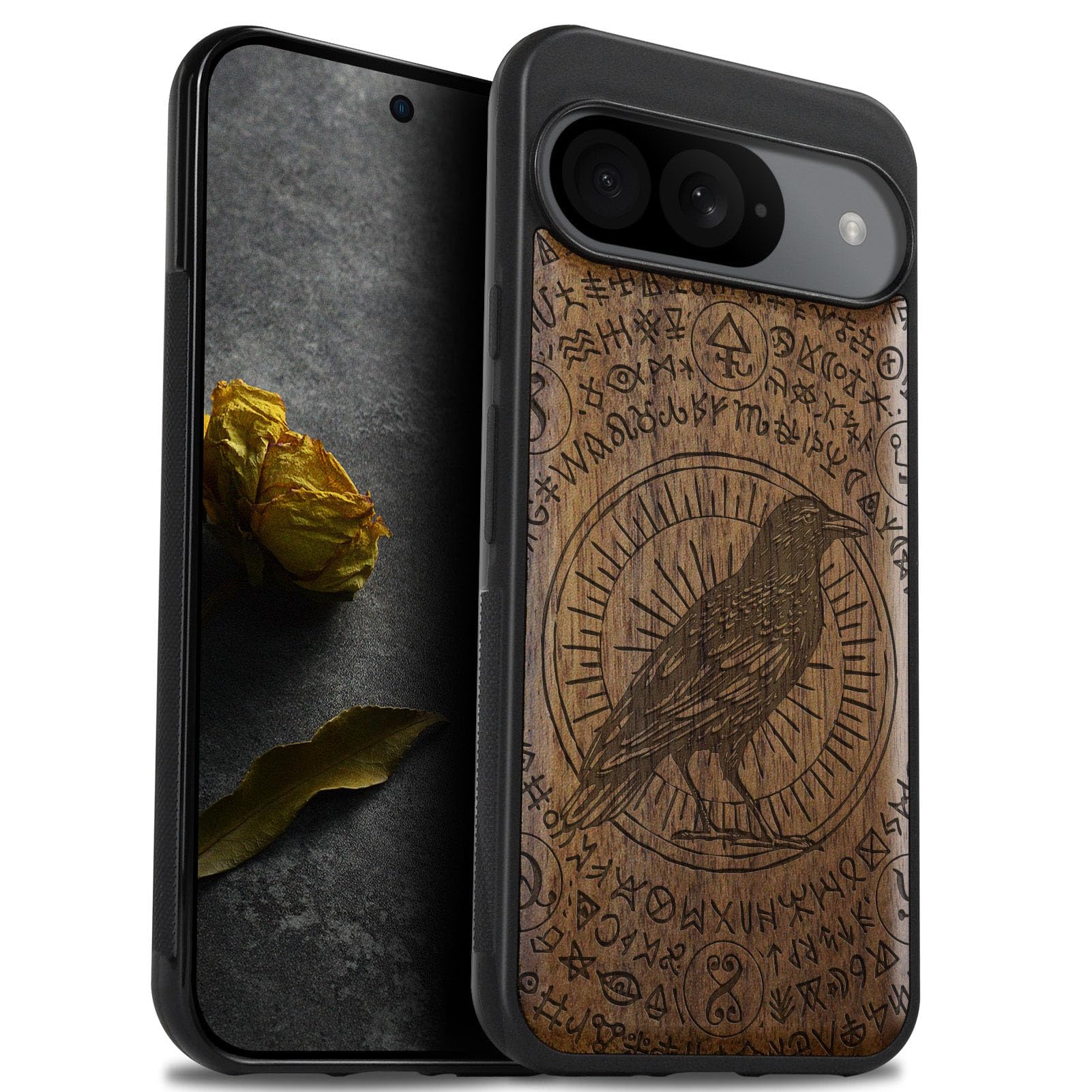 Carveit Wood Case for Pixel 9 - Natural Walnut & Black TPU Shockproof Protective Cover - The Haloed Crow — image 1