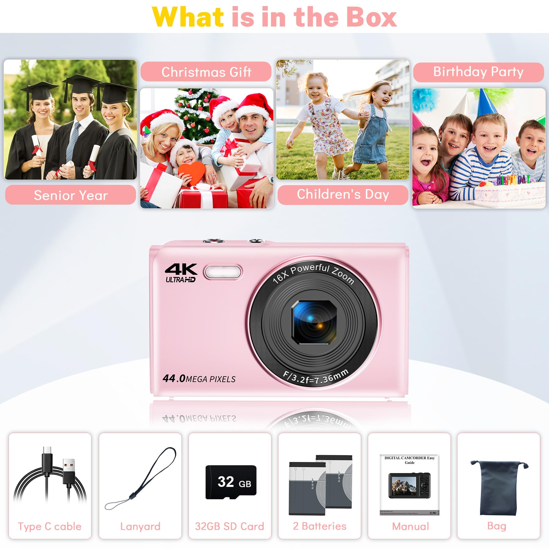 Digital Camera, Saneen FHD Kids Cameras for Photography, 4K 44MP Compact Point and Shoot Camera for Kids, Teens & Beginners with 32GB Card,16X Digital Zoom, 2 Rechargeable Batteries-Pink