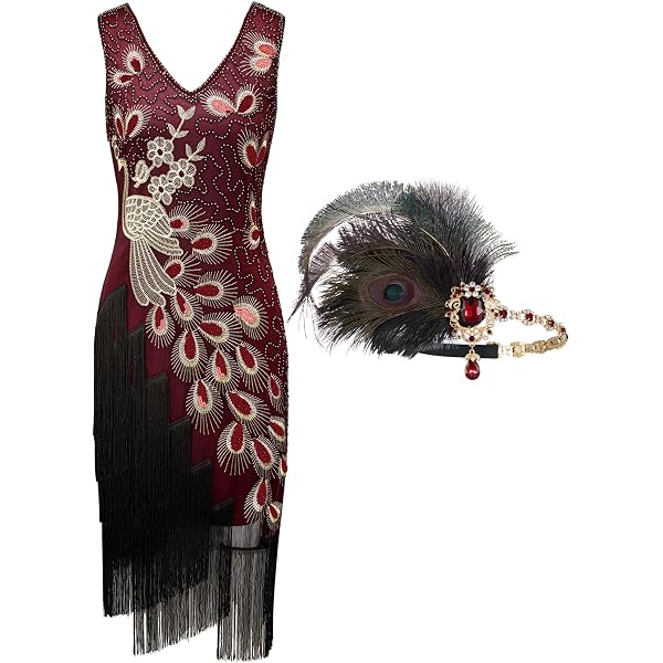 BABEYOND Women's 1920s Flapper Dress Set - Great Gatsby Beaded Fringe Dress With Accessories (Headband, Necklace, Gloves, Earrings)