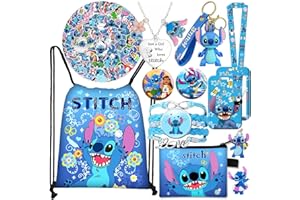 FETELAZ Stitch Stuff Merch Gifts Set, Include Drawstring Bag Backpack Coin Wallet Stickers Lanyard Necklace Bracelet Keychain Phone Holder Button Pins for Girls Teens Adults