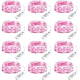 Minetom 12 Pack Pink Christmas Lights, 7ft 20 LED Fairy Lights Battery Operated, Valentines Day Decorations, 8 Modes Timer Waterproof Silver Wire Twinkle Lights, Valentine's Day Lights