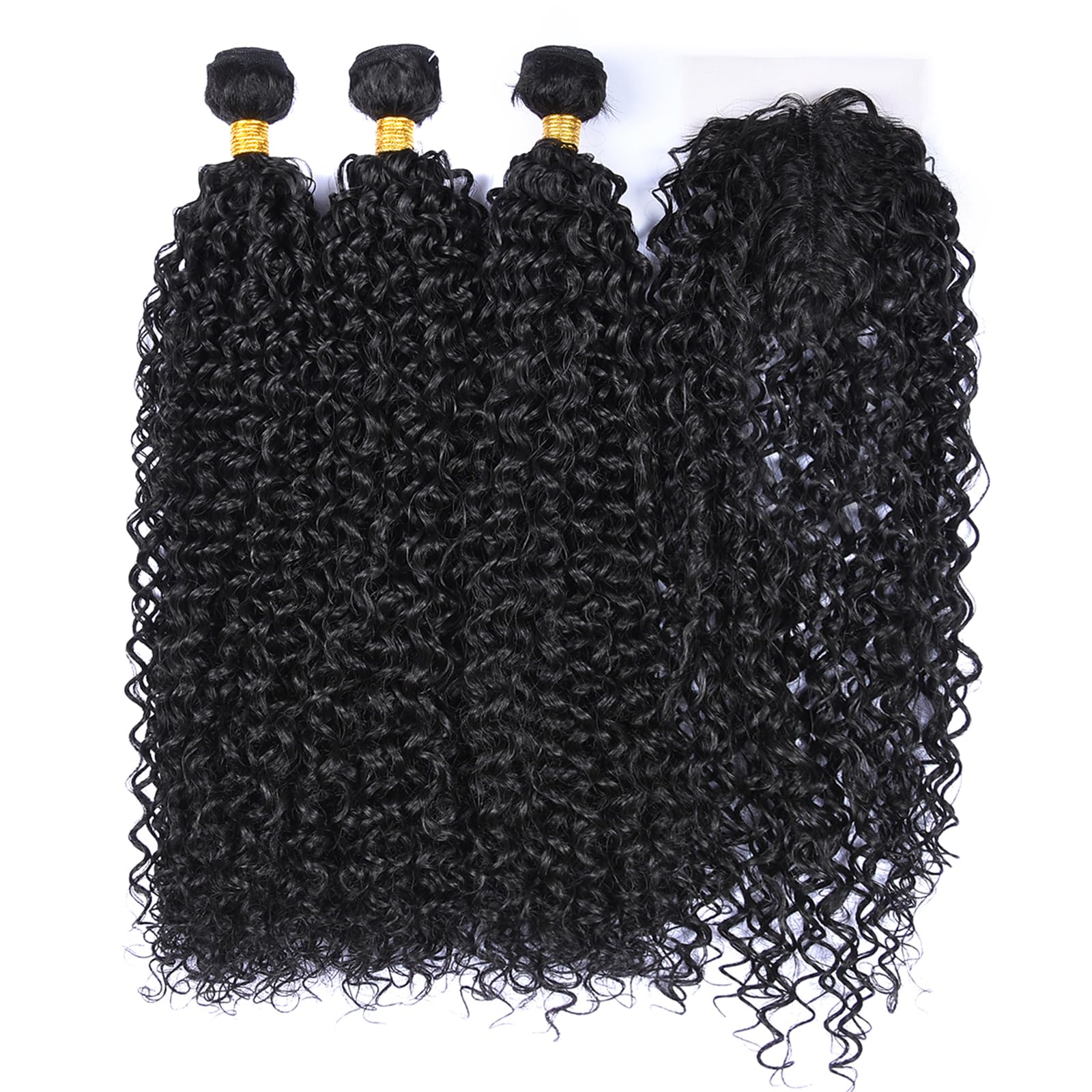 Luovce Synthetic Hair Extension Jerry Curly Synthetic Hair Weave Bundles 3 Bundles 22 inches with one Closure 230 Grams (1B Jerry Curly) — image 1