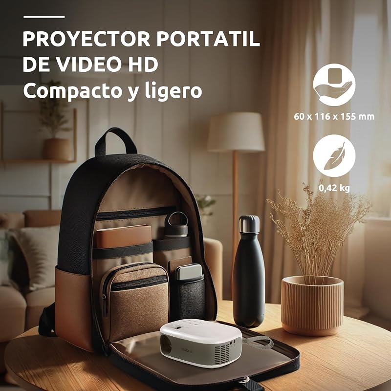 STRONG - Mini Projetor de Vídeo N1 - Resolução HD 720p Compatível com Full HD 1080p - 120 ANSI Lumens - Distância de projeção 0,9 a 6,2 m - Conectividade HDMI/USB/AV + Saída de Áudio - Branco