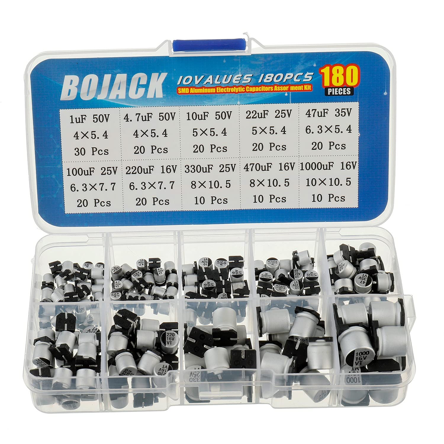 BOJACK 10 Values 180 Pcs 1uF ~ 1000uF SMD Aluminum Electrolytic Capacitors Assortment Kit