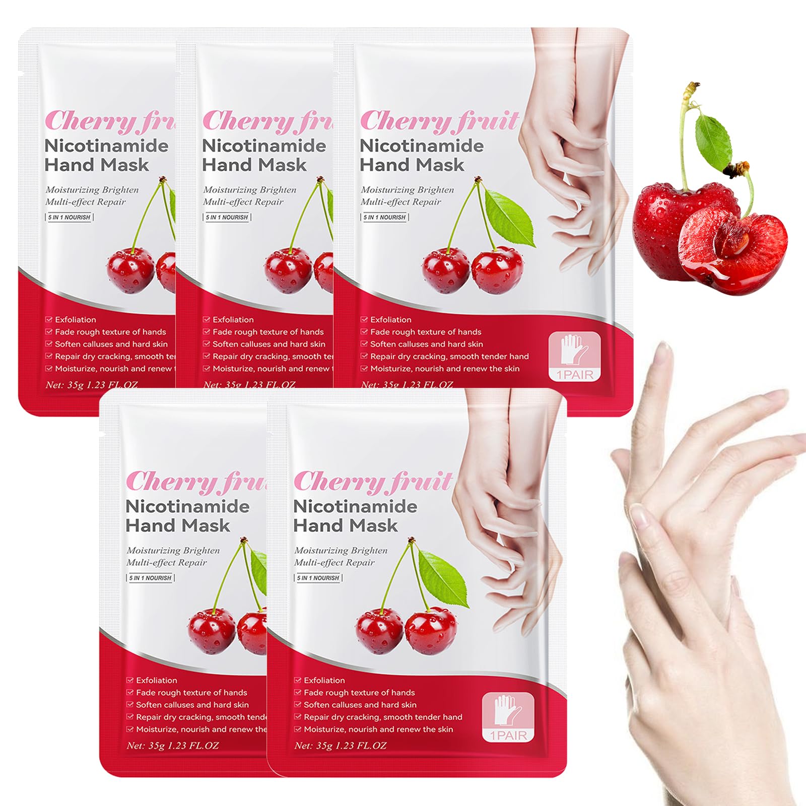 Hand Masks, 5 Pairs Of Moisturising Gloves, Hand Care For Dry Ageing Cracked Hands For Women And Men, Exfoliating Hand Masks With Cherry Extract